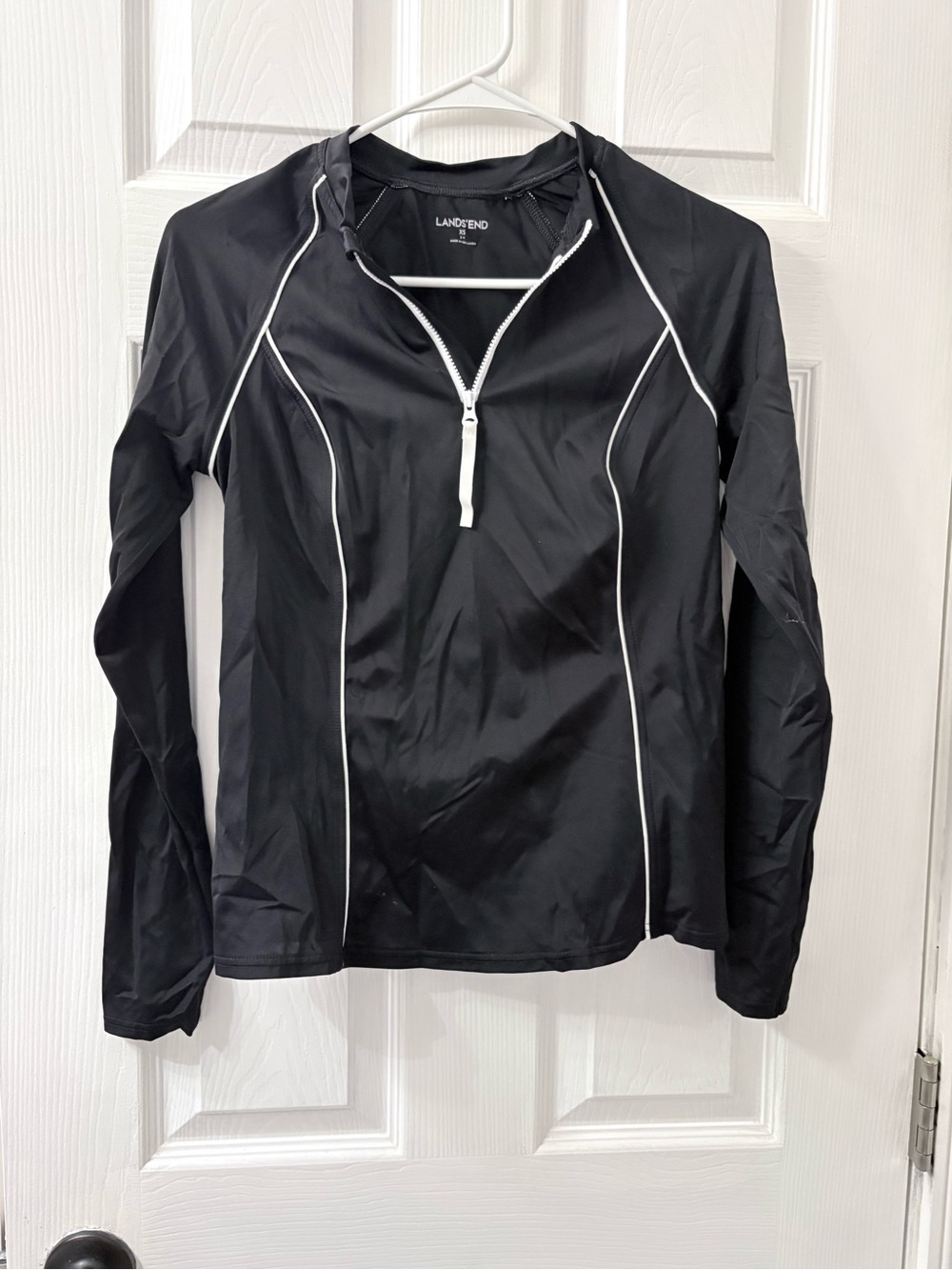 Lands' End Black Long-Sleeve Zip Rash Guard with White Piping